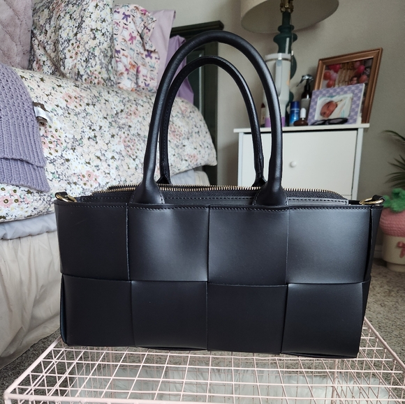 Isadora Woven Black Leather Handbag - Picture 1 of 5